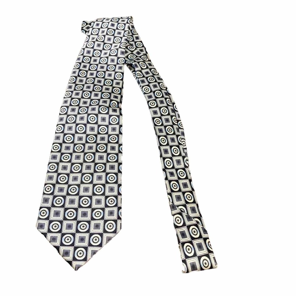RENZO Men's Tie Blue Gold Squares & Circles Geometric Pattern